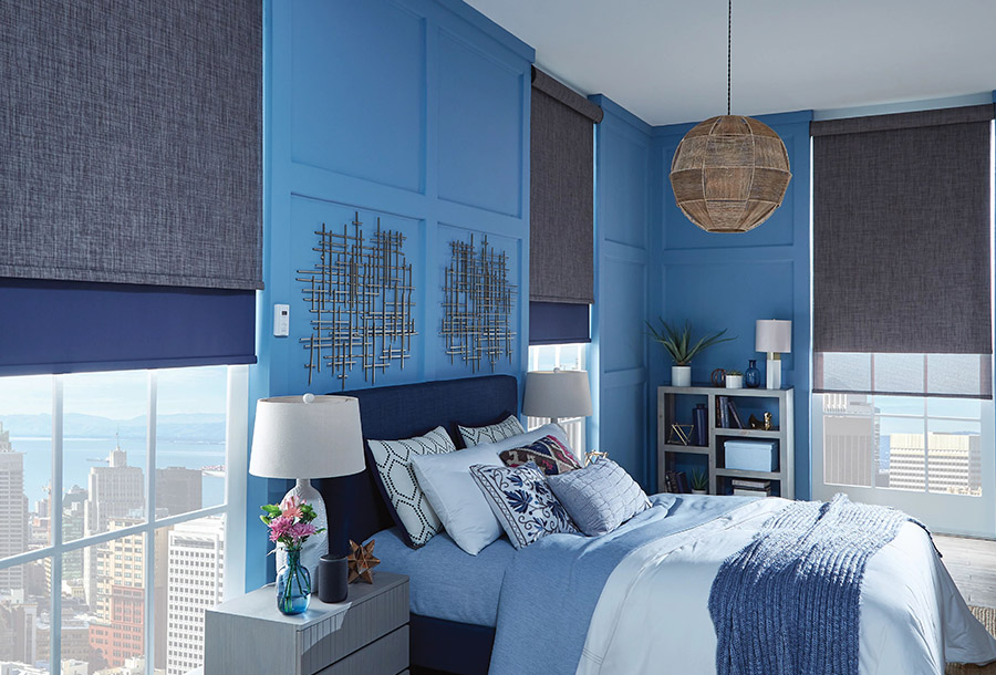 blue and gray shades in a large bedroom